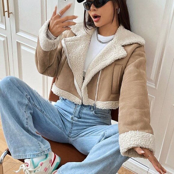 Boho Faux Teddy Lined Zip Up Moto Cropped Jacket Khaki - Picture 2 of 7